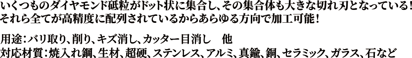 いくつものダイヤモンド砥粒がドット状に集合し、その集合体も大きな切れ刃になっている！それら全てが高精度に配列されているからあらゆる方向で加工可能！