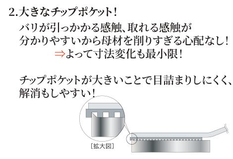 大きなチップポケット！バリが引っかかる感触、取れる感触が分かりやすいから母材を削りすぎる心配なし！